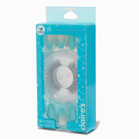 False Lashes‎ & Blue Ombré Coffin Vegan Faux Nail Gift Set - 24 Pack - Picture 1 of 2